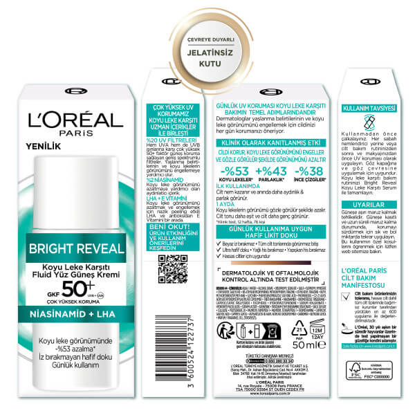 L'Oréal Paris Bright Reveal Spf 50+ Koyu Leke Karşıtı Fluid Günlük Yüz Güneş Kremi 50 Ml