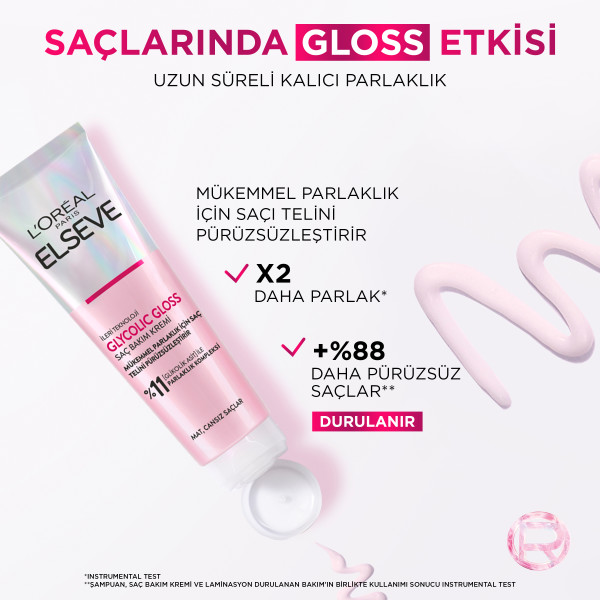 L'Oréal Paris Elseve Glycolic Gloss Mükemmel Parlaklık için Pürüzsüzleştirici Saç Kremi 150 Ml